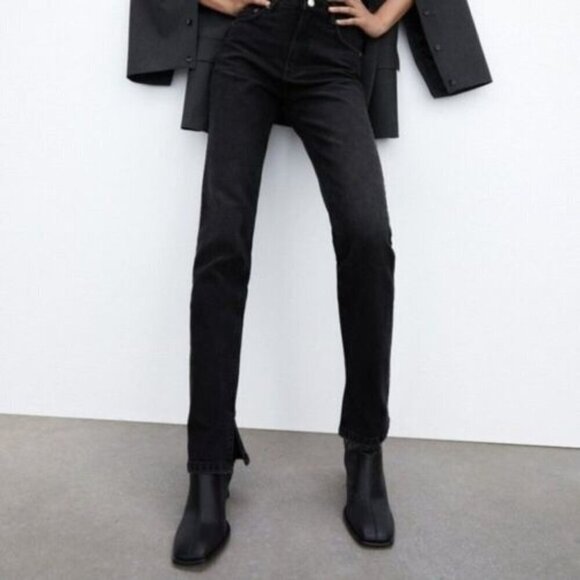 Zara Black High Rise Split Hem Kick Straight Leg Jeans 4 - Picture 1 of 6